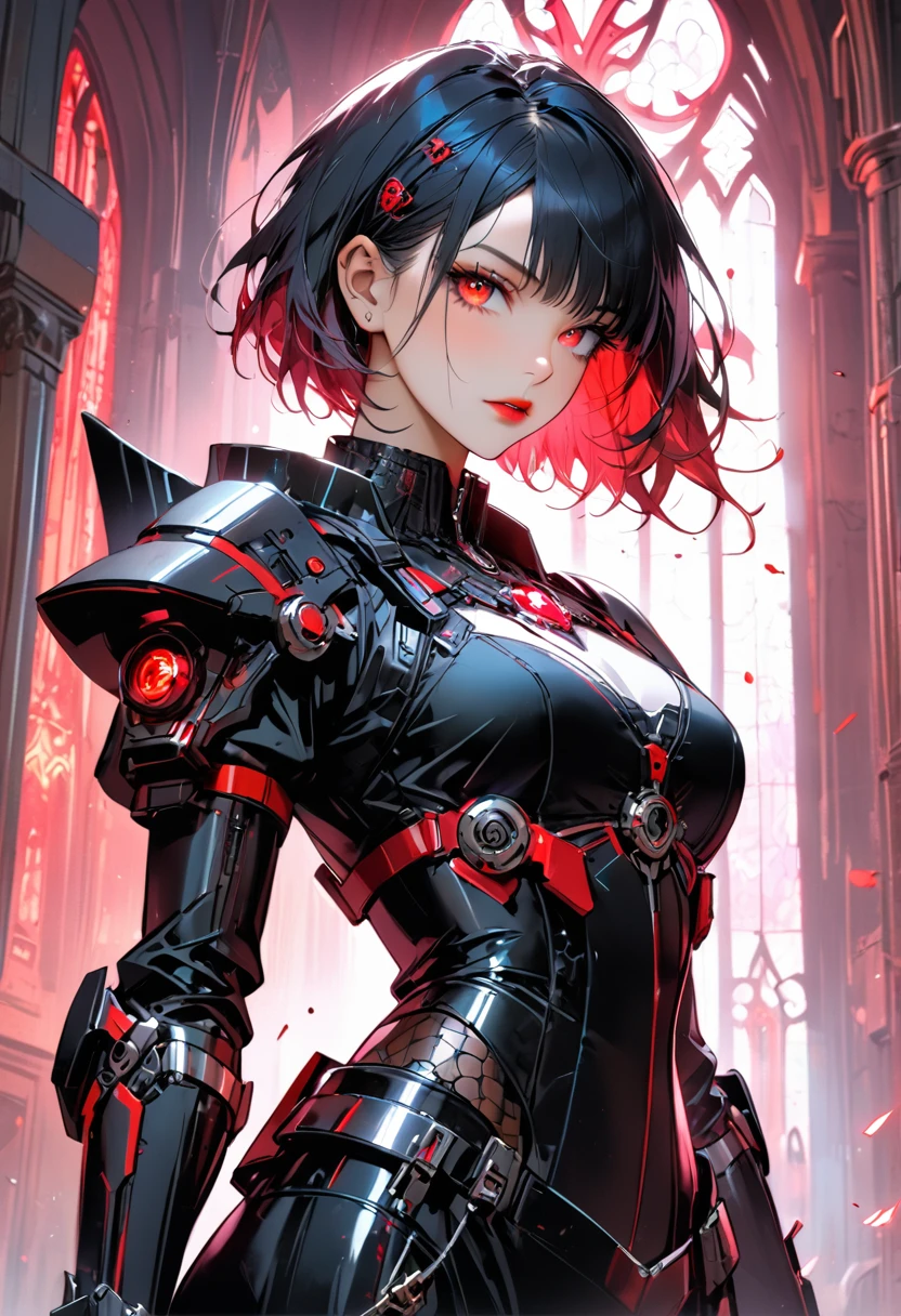 ein Porträt einer Mecha-Vampirin in einer düsteren gotischen Cyberpunk-Kirche, eine exotische, exquisite, schöne Mecha-Vampirin, dynamische Haarfarbe, Kurzes Haar, dynamische Augenfarbe, intensive Augen,  glühende Augen, dynamische Augenfarbe, trägt komplizierte Mech-Rüstung, zarte Mech-Rüstung, zarte Blutadern in der Rüstung, das Tragen von Overknee-Stiefeln, dunkler gotischer Cyberpunk-Kirchenhintergrund, beschwingt, ultrahohe Auflösung, Hoher Kontrast, (Meisterwerk:1.5), höchste Qualität, Beste Ästhetik), beste Details, beste Qualität, highres, 16k, (Extrem detailliert: 1.5), Meisterwerk, beste Qualität, (Extrem detailliert) roh, (ultra details, Meisterwerk, beste Qualität), 