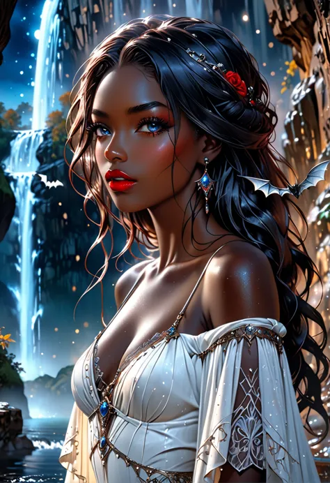 a picture of an exquisite beautiful female vampire standing under the starry night sky at the base of the waterfall, dynamic ang...