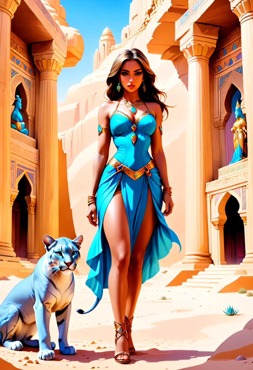 Arafed picture of a desert princess BREAK and her pet cougar in her palace รายละเอียดสูง, คุณภาพดีที่สุด, 16ก, เจ้าหญิงมนุษย์ฟ้าและเสือภูเขาสัตว์เลี้ยงของเธอ, เจ้าหญิงแห่งทะเลทราย, เต็มตัว, ((ถูกต้องตามหลักกายวิภาคศาสตร์: 1.5)) ((ยืน: 1.5)) กิริยาท่าทางอันน่าภาคภูมิใจของราชวงศ์, ผู้หญิง, (ใบหน้าที่มีรายละเอียดดีที่สุด: 1.5), ใบหน้าที่มีรายละเอียดเป็นพิเศษ, สวมชุดทะเลทรายหลวง, ประดับด้วยอัญมณี, ความแตกแยกเล็ก ๆ, รองเท้าบูทส้นสูงหนังสลับซับซ้อนสูงต้นขา, ผมหนา, ผมยาว, ผมสีน้ำตาล, ผิวสีแทน ดวงตาสีน้ำตาลเข้ม, เสือภูเขาทะเลทรายอันยิ่งใหญ่ของเธอนอนแทบเท้าของเธอ, ปกป้องเธอ, พระราชวังทะเลทรายแฟนตาซีอันยิ่งใหญ่ในโอเอซิสด้านหลัง (รายละเอียดที่ซับซ้อน, ผลงานชิ้นเอก, คุณภาพดีที่สุด: 1.5) กลางคืน, แสงจันทร์, ดาว  ,มุมกว้าง, ได้รับรางวัล, คุณภาพดีที่สุด, คุณภาพสูง, รายละเอียดสูง, ความสูง, มีชีวิตชีวา, ความละเอียดสูงเป็นพิเศษ, คอนทราสต์สูง, (ผลงานชิ้นเอก:1.5), คุณภาพสูงสุด, สุนทรียศาสตร์ที่ดีที่สุด, รายละเอียดที่ดีที่สุด, คุณภาพดีที่สุด, ความสูง, มุมกว้างพิเศษ, 16ก, [มีรายละเอียดมาก], ผลงานชิ้นเอก, คุณภาพดีที่สุด, สไตล์ศิลปะจุมบาสเก็ต, ภาพยนตร์ฮอลลีวูดระดับภาพยนตร์, 