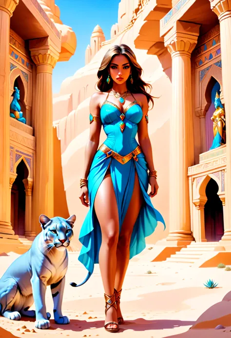 Arafed picture of a desert princess BREAK and her pet cougar in her palace high details, best quality, 16k, f a female human pri...