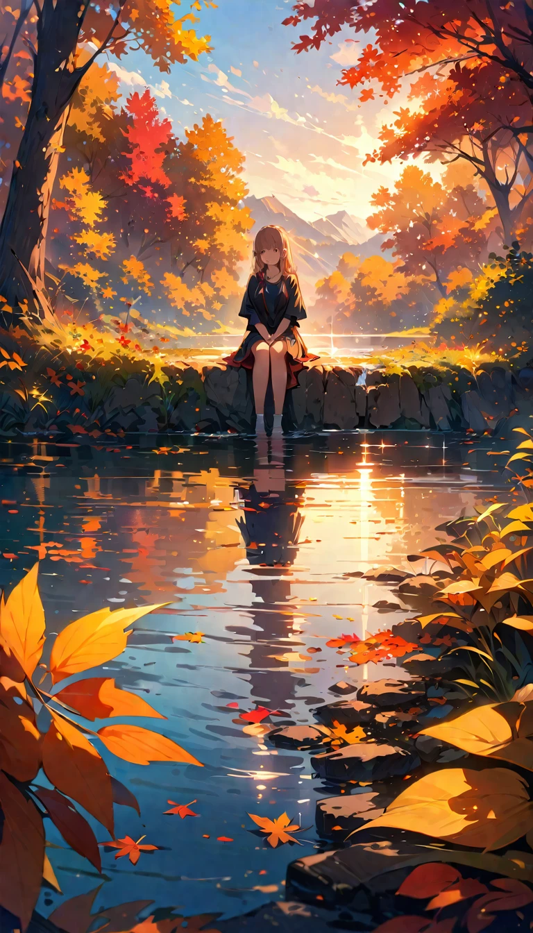 (best quality,4K,8K,High resolution,masterpiece:1.2),super detailed,actual,autumn scenery,Girl reflected in the lake,colorful leaves,floating in water,Golden sunlight shines through the trees,peaceful atmosphere,The girl's expression was calm&#39;s face,red and orange hues,Deep red reflection on the lake,breeze，leaves rustling,Ripples on the water,Warm sweater and jeans,Holding a cup of hot tea,Fallen leaves covered the ground,Small wooden pier extending into the lake,Soft lighting illuminates the scene,The endless trees against the blue sky and white clouds,peaceful atmosphere,get along with nature.