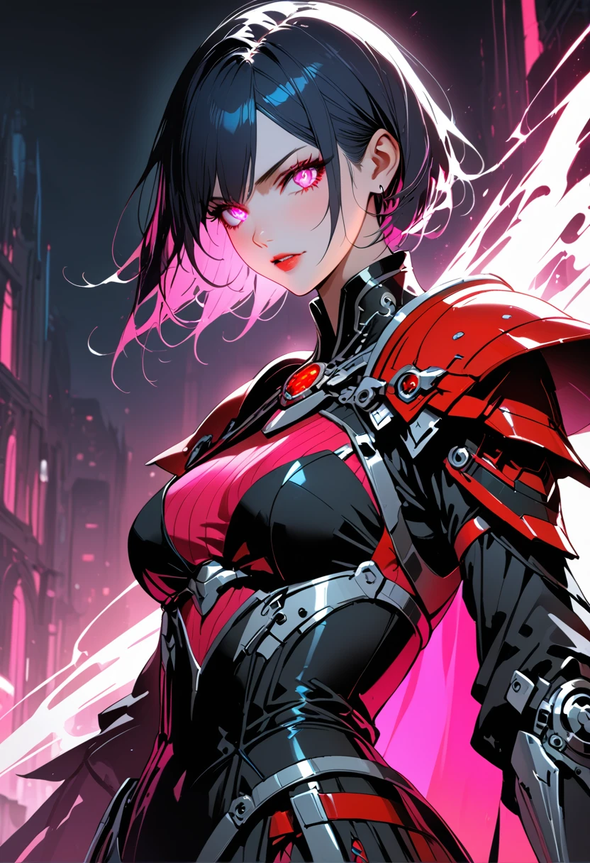 a portrait of mecha female vampire in a dark gothic cyberpunk church, an exotic exquisite beautiful mecha female vampire, dynamic hair color, short hair, dynamic eyes color, intense eyes,  glowing eyes, dynamic eyes color, wearing intricate mech armor, delicate mech armor, delicate blood veins in the armor, wearing thigh high heeled boots, dark gothic cyberpunk church background, vibrant, Ultra-high resolution, High Contrast, (masterpiece:1.5), highest quality, Best aesthetics), best details, best quality, highres, 16k, (ultra detailed: 1.5), masterpiece, best quality, (extremely detailed) RAW, (ultra details, Masterpiece, best quality), 