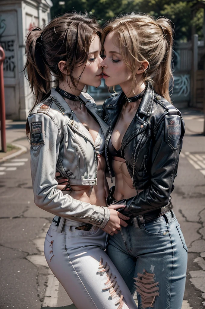 (Detailed illustrations, Very detailed and detailed drawing, Delicate lines with slow and rapid, Realistic texture expression), Two women with long blond or ginger hair, ponytail or messy hair, (((passionate kissing))), kiss, (((eyes closed))), (((closed eyes))), erotic, (((one girl is touching the other sensually and grabbing her crotch))), ((intimate)), ((hand in pants)), ((empty street playground background with graffiti)), (((very skinny figure, very thin waist, very narrow hips, very slim legs, large breast, athletic body))), punk, ((white bra)), exposed midriff, (((ripped and worn down jeans))), ((navel piercing)), strong abs, ((black collars)), ((((small open leather jacket)))), ((studded belt))