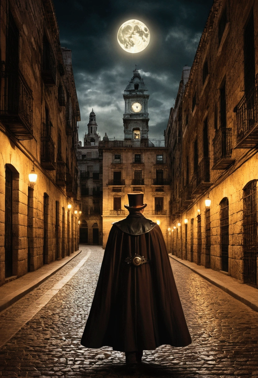 cidade Negra. Caminho de pedra e grandes edifícios feitos de pedras. steampunk. Velho espanhol de Madrid. noite. Muito escuro. Um mágico em roupas pequenas. Capa e punhal entra em um círculo dourado de luz. Capa de alta definição. Ilustração extravagante. Seios grandes nus. 