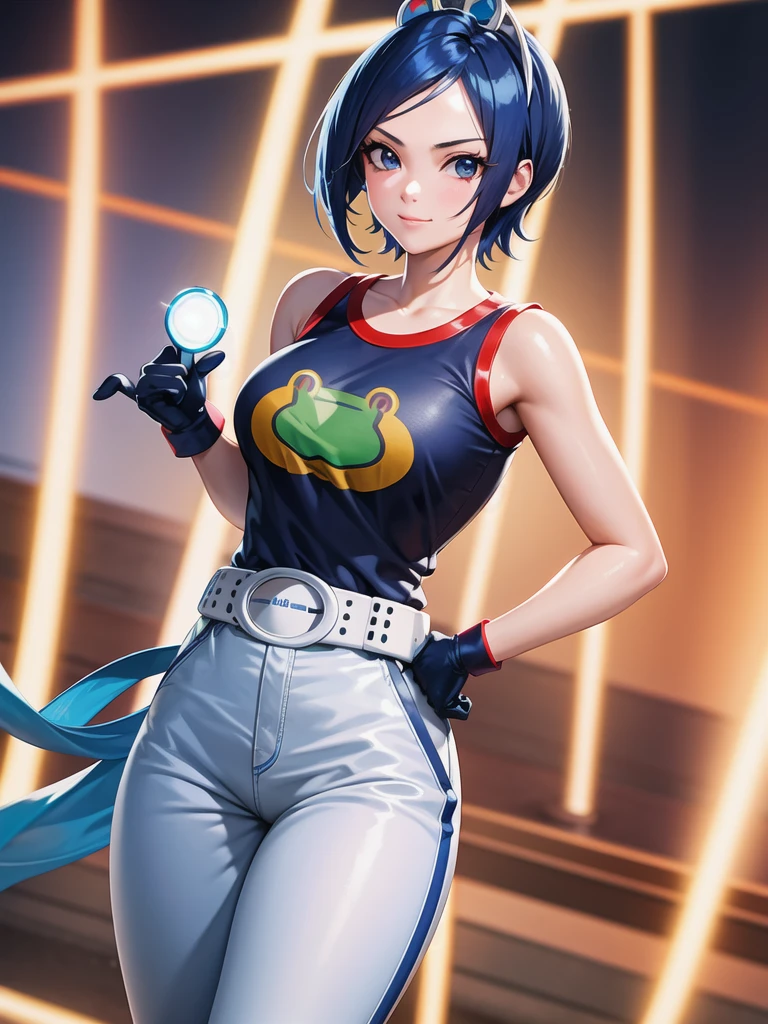 (at night), in a video game scene, a background of a beautiful city during the day raining, standing at attention, semi-short blue hair, blouse with an anime frog face, white flared pants, wearing blue fingerless exercise gloves, has round goggles on her head, huge belt with a round eyeglass, ((blue hair)), 1 girl, alone, 20 years old, young woman, perfect hands, beautiful fingers, beautiful long legs, beautiful body, beautiful nose, beautiful design of characters, perfect face, looking at the viewer with serious gesture (focusing on his face), closed mouth, Light_Smile, official art, extremely detailed CG unity 8k wallpaper, perfect lighting, bright and colorful front lighting, glowing skin (masterpiece : 1.0), (best_quality: 1.0), ultra high resolution, 4K, ultra detailed photography, 8K, HDR, high resolution, nonsense:1.2, Kodak portra 400, film grain, background blur, bokeh:1.2, lens flare, (vibrant_color:1.2), professional photography, (beautiful_face: 1.5), (narrow waist),