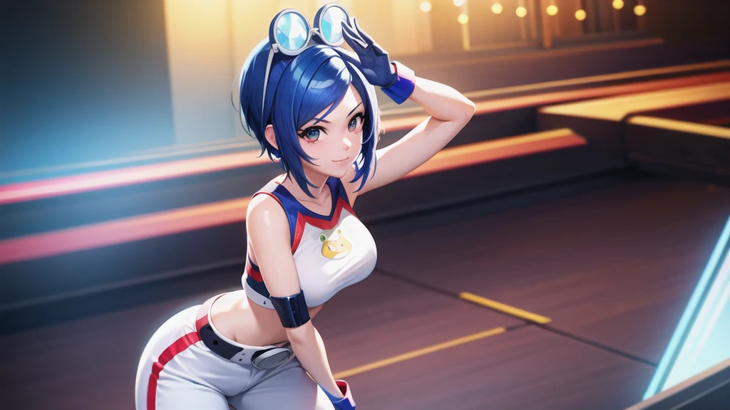 (at night), in a video game scene, a background of a beautiful city during the day raining, standing at attention, semi-short blue hair, blouse with an anime frog face, white flared pants, wearing blue fingerless exercise gloves, has round goggles on her head, huge belt with a round eyeglass, ((blue hair)), 1 girl, alone, 20 years old, young woman, perfect hands, beautiful fingers, beautiful long legs, beautiful body, beautiful nose, beautiful design of characters, perfect face, looking at the viewer with serious gesture (focusing on his face), closed mouth, Light_Smile, official art, extremely detailed CG unity 8k wallpaper, perfect lighting, bright and colorful front lighting, glowing skin (masterpiece : 1.0), (best_quality: 1.0), ultra high resolution, 4K, ultra detailed photography, 8K, HDR, high resolution, nonsense:1.2, Kodak portra 400, film grain, background blur, bokeh:1.2, lens flare, (vibrant_color:1.2), professional photography, (beautiful_face: 1.5), (narrow waist),
