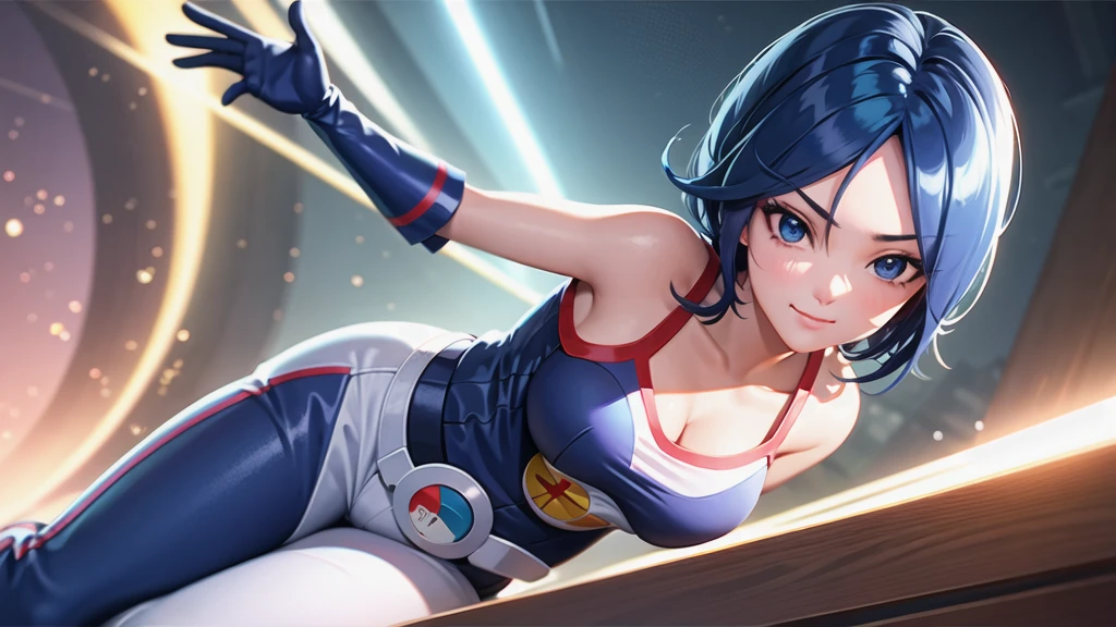 (at night), in a video game scene, a background of a beautiful city during the day raining, standing at attention, semi-short blue hair, blouse with an anime frog face, white flared pants, wearing blue fingerless exercise gloves, has round goggles on her head, huge belt with a round eyeglass, ((blue hair)), 1 girl, alone, 20 years old, young woman, perfect hands, beautiful fingers, beautiful long legs, beautiful body, beautiful nose, beautiful design of characters, perfect face, looking at the viewer with serious gesture (focusing on his face), closed mouth, Light_Smile, official art, extremely detailed CG unity 8k wallpaper, perfect lighting, bright and colorful front lighting, glowing skin (masterpiece : 1.0), (best_quality: 1.0), ultra high resolution, 4K, ultra detailed photography, 8K, HDR, high resolution, nonsense:1.2, Kodak portra 400, film grain, background blur, bokeh:1.2, lens flare, (vibrant_color:1.2), professional photography, (beautiful_face: 1.5), (narrow waist),
