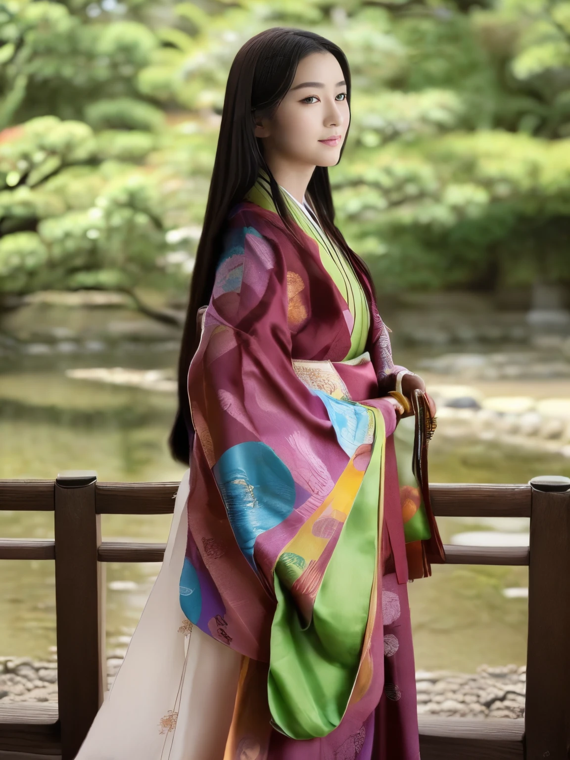 Front view , ((standing on garden), a Japanese ancient girl, looking at viewer, beautiful Japanese Young General, girl is 20 years old, (Highly detailed face, Black hair ,Brown eye, Variegated eyes, Fuller lips, little Lips, little smile), (middle breasts, middle hip), (Japanese kimono, flower pattern), standing in Japanese Palace, near Garden, sunset ,(masterpiece, Highest quality, masterpiece, God-like quality, Godly art, , Very realistic)
