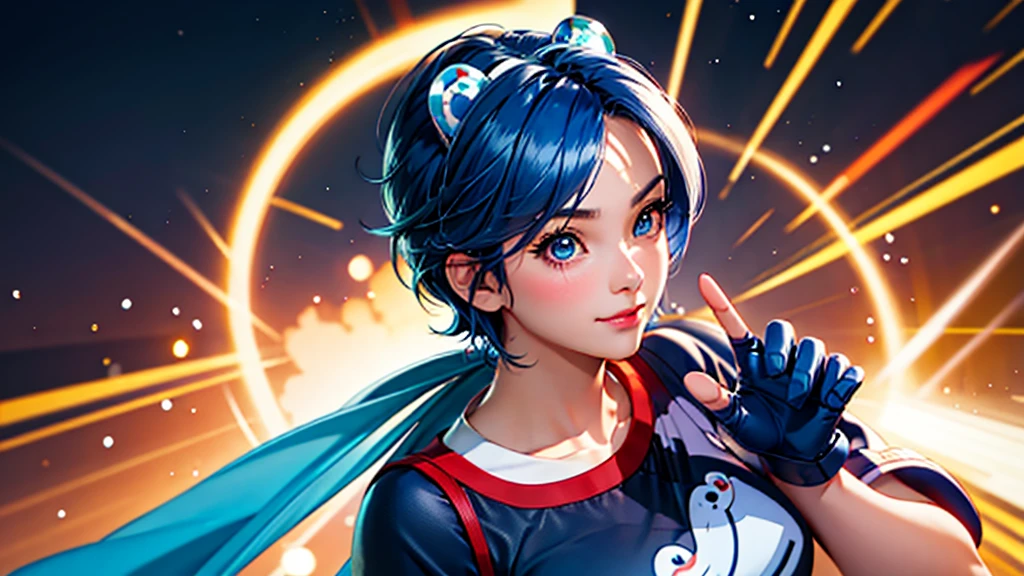 
(at night), in a video game scene, a background of a beautiful city during the day raining, standing at attention, semi-short blue hair, blouse with an anime frog face, white flared pants, wearing blue fingerless exercise gloves, has round goggles on her head, huge belt with a round eyeglass, ((blue hair)), 1 girl, alone, 20 years old, young woman, perfect hands, beautiful fingers, beautiful long legs, beautiful body, beautiful nose, beautiful design of characters, perfect face, looking at the viewer with serious gesture (focusing on his face), closed mouth, Light_Smile, official art, extremely detailed CG unity 8k wallpaper, perfect lighting, bright and colorful front lighting, glowing skin (masterpiece : 1.0), (best_quality: 1.0), ultra high resolution, 4K, ultra detailed photography, 8K, HDR, high resolution, nonsense:1.2, Kodak portra 400, film grain, background blur, bokeh:1.2, lens flare, (vibrant_color:1.2), professional photography, (beautiful_face: 1.5), (narrow waist),
