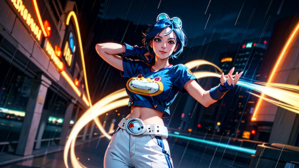 (at night), in a video game scene, a background of a beautiful city during the day raining, standing at attention, semi-short blue hair, blouse with an anime frog face, white flared pants, wearing blue fingerless exercise gloves, has round goggles on her head, huge belt with a round eyeglass, ((blue hair)), 1 girl, alone, 20 years old, young woman, perfect hands, beautiful fingers, beautiful long legs, beautiful body, beautiful nose, beautiful design of characters, perfect face, looking at the viewer with serious gesture (focusing on his face), closed mouth, Light_Smile, official art, extremely detailed CG unity 8k wallpaper, perfect lighting, bright and colorful front lighting, glowing skin (masterpiece : 1.0), (best_quality: 1.0), ultra high resolution, 4K, ultra detailed photography, 8K, HDR, high resolution, nonsense:1.2, Kodak portra 400, film grain, background blur, bokeh:1.2, lens flare, (vibrant_color:1.2), professional photography, (beautiful_face: 1.5), (narrow waist),
