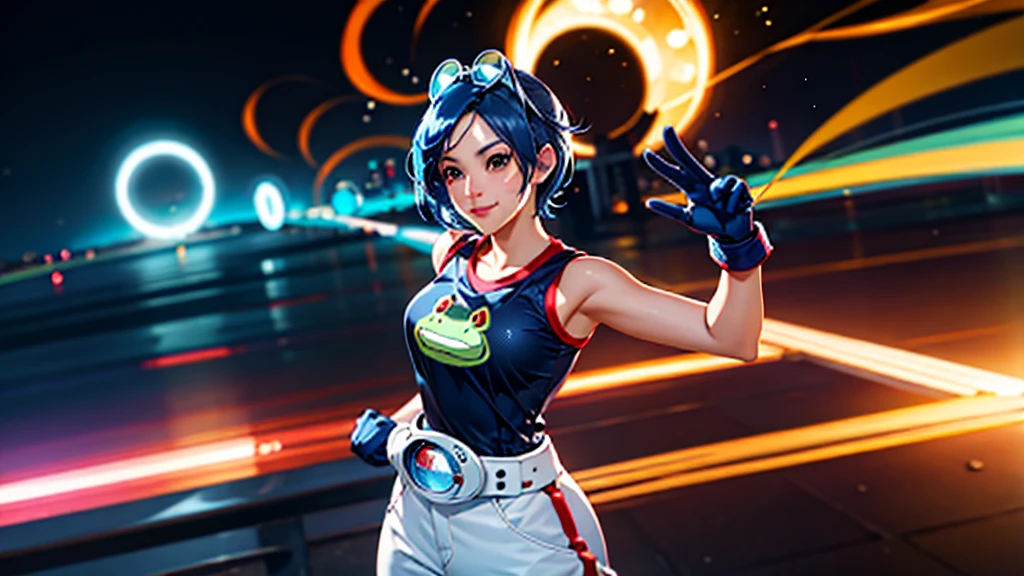 (at night), in a video game scene, a background of a beautiful city during the day raining, standing at attention, semi-short blue hair, blouse with an anime frog face, white flared pants, wearing blue fingerless exercise gloves, has round goggles on her head, huge belt with a round eyeglass, ((blue hair)), 1 girl, alone, 20 years old, young woman, perfect hands, beautiful fingers, beautiful long legs, beautiful body, beautiful nose, beautiful design of characters, perfect face, looking at the viewer with serious gesture (focusing on his face), closed mouth, Light_Smile, official art, extremely detailed CG unity 8k wallpaper, perfect lighting, bright and colorful front lighting, glowing skin (masterpiece : 1.0), (best_quality: 1.0), ultra high resolution, 4K, ultra detailed photography, 8K, HDR, high resolution, nonsense:1.2, Kodak portra 400, film grain, background blur, bokeh:1.2, lens flare, (vibrant_color:1.2), professional photography, (beautiful_face: 1.5), (narrow waist),
