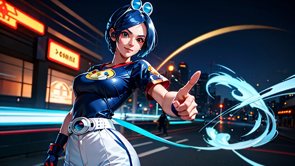 (at night), in a video game scene, a background of a beautiful city during the day raining, standing at attention, semi-short blue hair, blouse with an anime frog face, white flared pants, wearing blue fingerless exercise gloves, has round goggles on her head, huge belt with a round eyeglass, ((blue hair)), 1 girl, alone, 20 years old, young woman, perfect hands, beautiful fingers, beautiful long legs, beautiful body, beautiful nose, beautiful design of characters, perfect face, looking at the viewer with serious gesture (focusing on his face), closed mouth, Light_Smile, official art, extremely detailed CG unity 8k wallpaper, perfect lighting, bright and colorful front lighting, glowing skin (masterpiece : 1.0), (best_quality: 1.0), ultra high resolution, 4K, ultra detailed photography, 8K, HDR, high resolution, nonsense:1.2, Kodak portra 400, film grain, background blur, bokeh:1.2, lens flare, (vibrant_color:1.2), professional photography, (beautiful_face: 1.5), (narrow waist),
