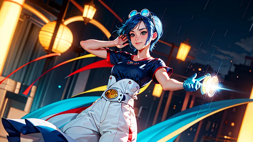 (at night), in a video game scene, a background of a beautiful city during the day raining, standing at attention, semi-short blue hair, blouse with an anime frog face, white flared pants, wearing blue fingerless exercise gloves, has round goggles on her head, huge belt with a round eyeglass, ((blue hair)), 1 girl, alone, 20 years old, young woman, perfect hands, beautiful fingers, beautiful long legs, beautiful body, beautiful nose, beautiful design of characters, perfect face, looking at the viewer with serious gesture (focusing on his face), closed mouth, Light_Smile, official art, extremely detailed CG unity 8k wallpaper, perfect lighting, bright and colorful front lighting, glowing skin (masterpiece : 1.0), (best_quality: 1.0), ultra high resolution, 4K, ultra detailed photography, 8K, HDR, high resolution, nonsense:1.2, Kodak portra 400, film grain, background blur, bokeh:1.2, lens flare, (vibrant_color:1.2), professional photography, (beautiful_face: 1.5), (narrow waist),
