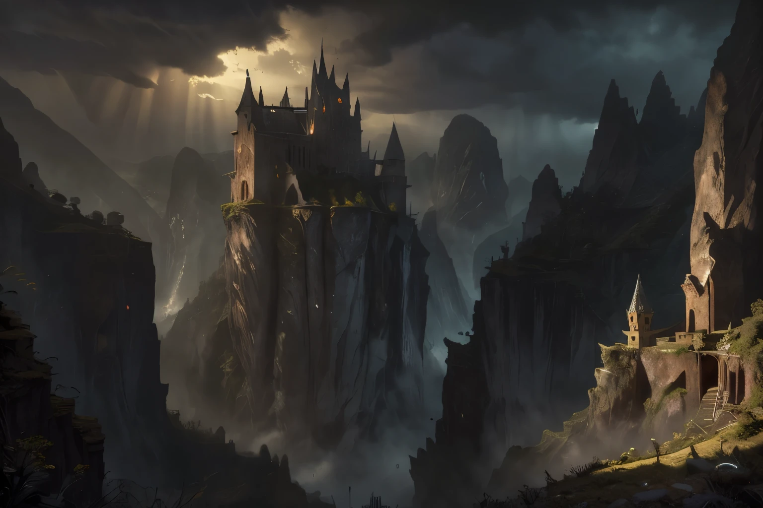 ((best quality)), ((masterpiece)), (detailed), a fantasy gothic castle in a narrow gorge surrounded by mountain, detailed castle architecture, towering spires, medieval style, lush vegetation, mysterious atmosphere, dramatic lighting, cinematic composition, epic scale, highly detailed, 8k, photorealistic, dramatic shadows, glowing windows, moody skies, intricate stonework, weathered textures