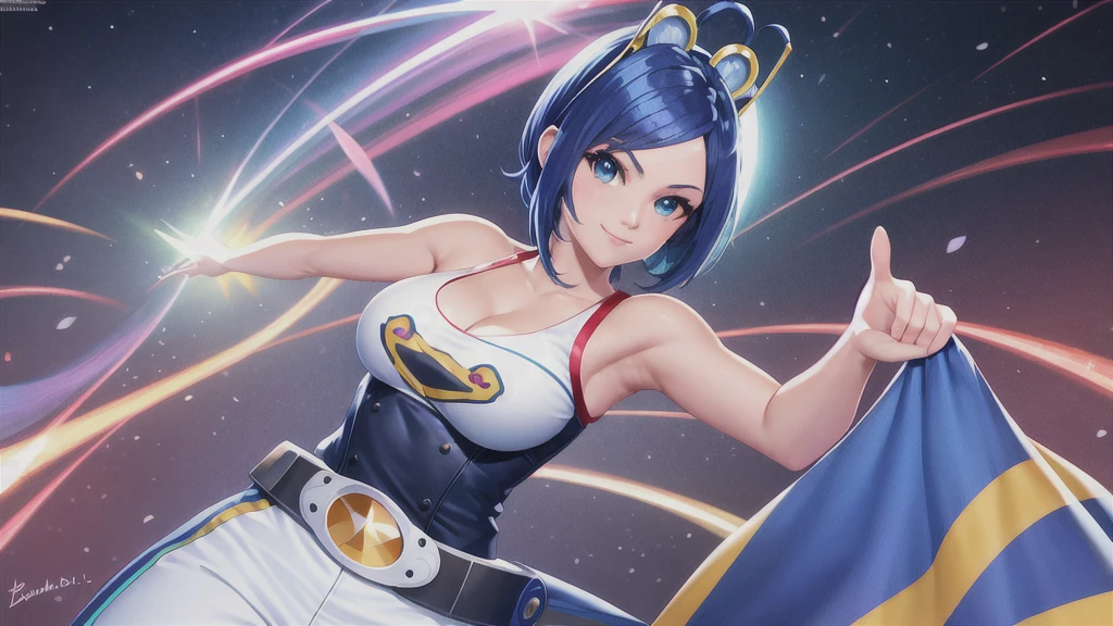 (at night), in a video game scene, a background of a beautiful city during the day raining, standing at attention, semi-short blue hair, blouse with an anime frog face, white flared pants, wearing blue fingerless exercise gloves, has round goggles on her head, huge belt with a round eyeglass, ((blue hair)), 1 girl, alone, 20 years old, young woman, perfect hands, beautiful fingers, beautiful long legs, beautiful body, beautiful nose, beautiful design of characters, perfect face, looking at the viewer with serious gesture (focusing on his face), closed mouth, Light_Smile, official art, extremely detailed CG unity 8k wallpaper, perfect lighting, bright and colorful front lighting, glowing skin (masterpiece : 1.0), (best_quality: 1.0), ultra high resolution, 4K, ultra detailed photography, 8K, HDR, high resolution, nonsense:1.2, Kodak portra 400, film grain, background blur, bokeh:1.2, lens flare, (vibrant_color:1.2), professional photography, (beautiful_face: 1.5), (narrow waist),
