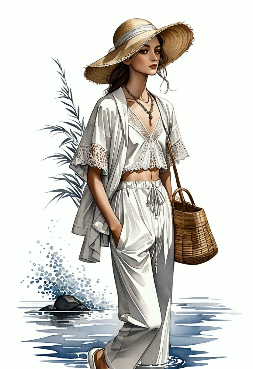 candid fashion illustration of young man and woman, both aged 20 year old, tall and slender, ((showcase fashion in a White cotton outfits)), inspired by Christian Dior's resort collection 2020 in elegant bohemian style. The man wears an oversized short-sleeved white shirt, lace details, paired with relaxed-fit white Drawstring Pants, He completes his look with sneakers, wooden-framed sunglasses, and a woven bamboo bag. The woman complements him in a white cotton sunny dress with lace details, Her ensemble includes an accessorizes with a wide-brimmed straw hat, white sneakers and necklace. Captured in a ((full-body pose)), ((simple water-color on white paper background)), realistic charcoal lines, imperfect drawing, charcoal lines, fading sketch, fashion Sketching,