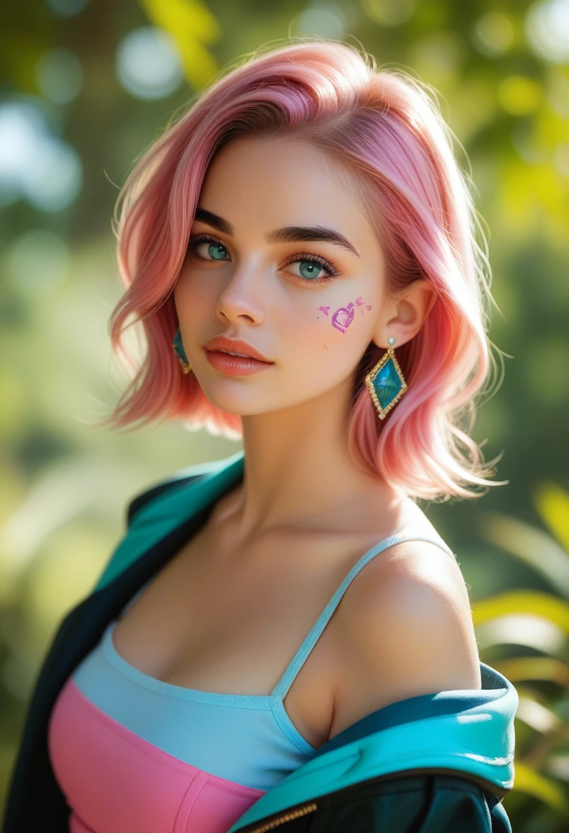 1 girl, bare shoulders, Beautifull, by rubio, blue eyes, blurred, blurred background, Closed mouth, dappled sunlight, earrings, face tattoo, parts, green eyes, jacket, jewelry, Lips, by the wide, looking at the viewer, parted Lips, pink hair, Horse tail, portrait, realist, shirt, short sleeves, Alone, teeth face of margot robbie