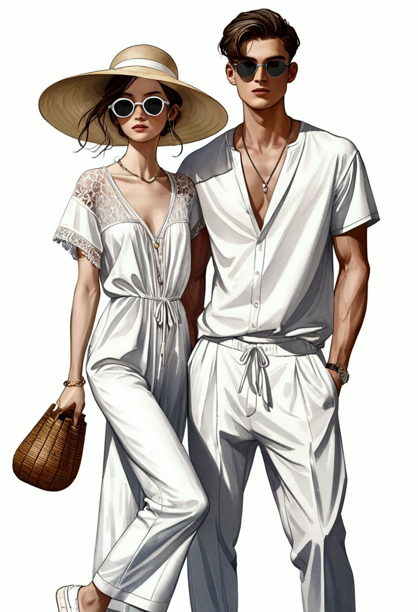 candid fashion illustration of young man and woman, both aged 20 year old, tall and slender, ((showcase fashion in a White cotton outfits)), inspired by Christian Dior's resort collection 2020 in elegant bohemian style. The man wears an oversized short-sleeved white shirt, lace details, paired with relaxed-fit white Drawstring Pants, He completes his look with sneakers, wooden-framed sunglasses, and a woven bamboo bag. The woman complements him in a white cotton sunny dress with lace details, Her ensemble includes an accessorizes with a wide-brimmed straw hat, white sneakers and necklace. Captured in a ((full-body pose)), ((simple water-color on white paper background)), realistic charcoal lines, imperfect drawing, charcoal lines, fading sketch, fashion Sketching,