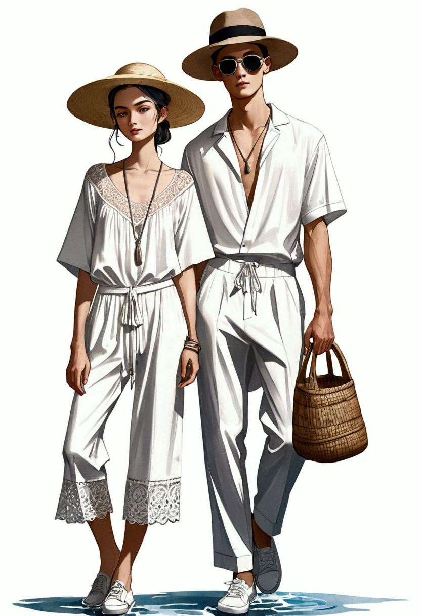 ilustración de moda sincera de un hombre y una mujer jóvenes, ambos de 20 años, alto y delgado, ((Muestra la moda con trajes de algodón blanco.)), inspirada en la colección resort 2020 de Christian Dior en un elegante estilo bohemio. El hombre viste una camisa blanca de manga corta de gran tamaño., detalles de encaje, combinado con pantalones blancos con cordón relajados, Completa su look con zapatillas, gafas de sol con montura de madera, y una bolsa de bambú tejida. The woman complements him in a white cotton sunny dress with detalles de encaje, Su conjunto incluye accesorios con un sombrero de paja de ala ancha., zapatillas blancas y collar. capturado en un ((pose de cuerpo completo)), ((acuarela simple sobre fondo de papel blanco)), realistic lineas de carboncillo, dibujo imperfecto, lineas de carboncillo, boceto desvanecido, bocetos de moda,