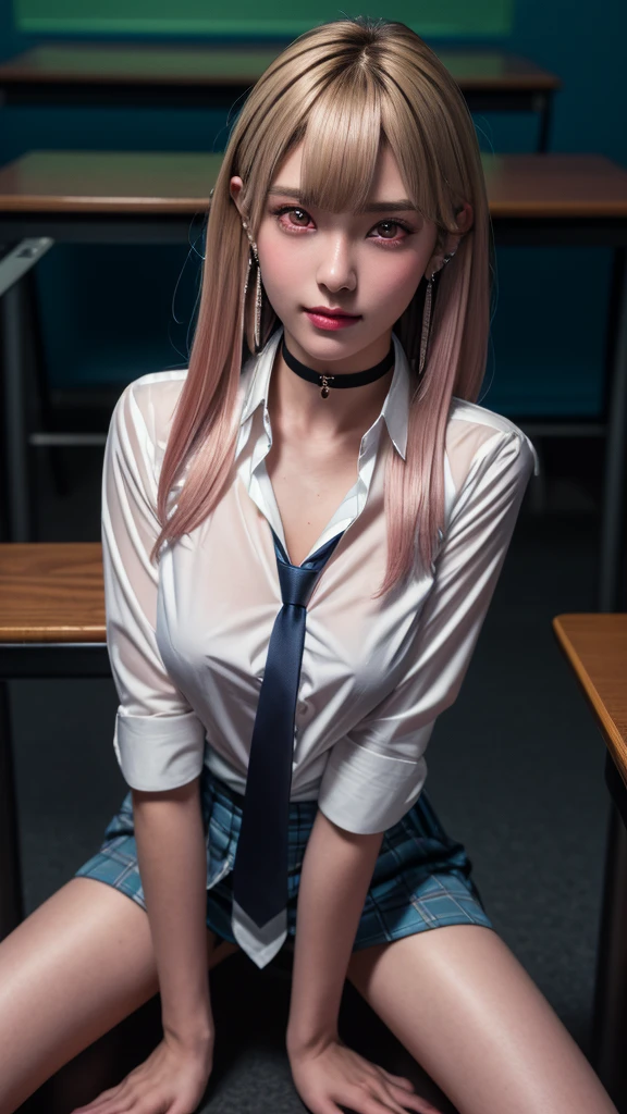 Mix 4, (8k, RAW Photos, Highest quality, masterpiece: 1.45), (Realistic, photoRealistic: 1.37), kitagawa marin,  (Blonde, Pink gradient hair), ((Long Hair, Sink bangs,Colorful Hair, Red eyes)),Pose like a model,Japanese women, 16 years old,high School student、Model body type, (Big Breasts:1.3), Narrow waist, Beautiful Face, Beautiful Eyes, Multiple simple dot earrings on earlobe, Cartilage rod piercing, White shirt, Shirt with tie, Black choker,  Blue tie, Checked skirt, カウボーイshot, inside the School、classroom、hight School, 1 girl, alone, Detailed face and eyes, Upper body photo. Realistic, Realistic.Marin Gyaru,School_uniform, Embarrassed look, (((( M-shaped feet, please look )))), (Please spread your legs wide and show me: 1.5), Real nipples, Genuine open, Browsing Caution, (erupt from pussy:1.2),(erupt:1.2),(A puddle of pussy juice:1.15)(smile:0.7)、((shot))、((Crotch close-up:1.2))、((Pictures that emphasize pussy))、Real Pussy