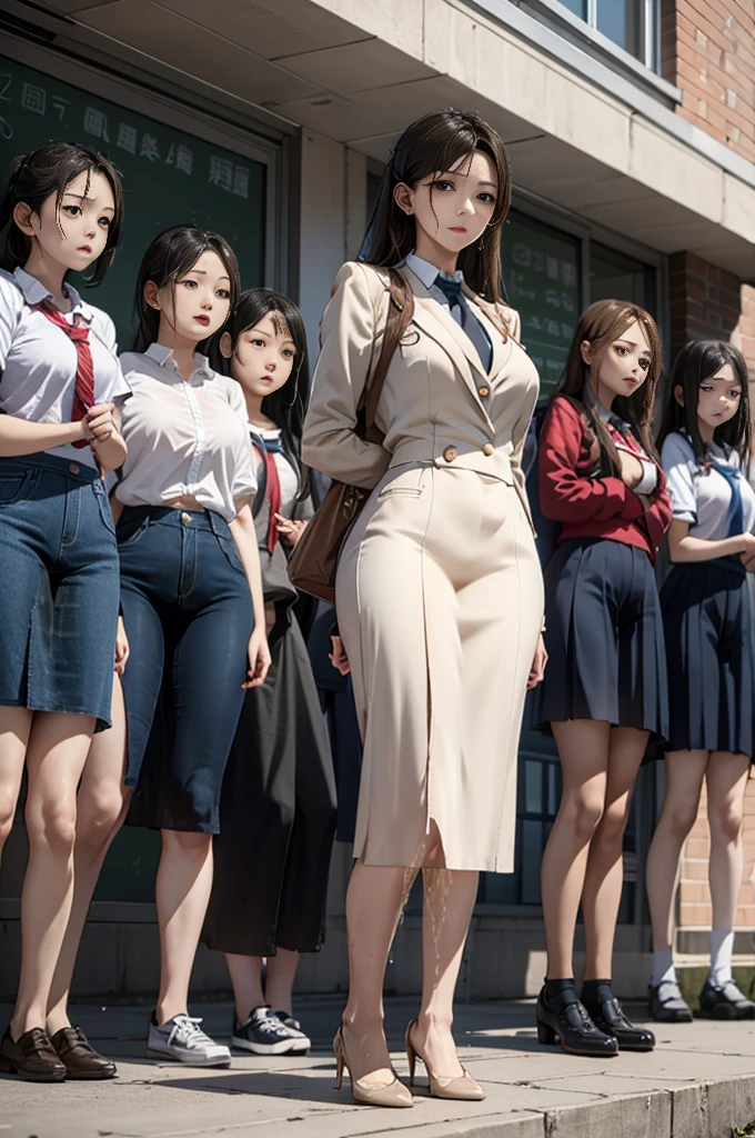 女性教師が集合写真撮影中にincontinence、incontinence、Peeing on your own、Lots of pee、From below、White suit、White Skirt、High heels、Perfect figure、Very beautiful、Lined up with students in front of the school building、upright、Embarrassed and teary-eyed、Surrounded by students、be subjected to relentless contempt from students