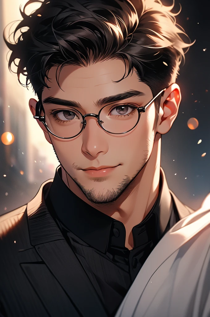 [32k, 8k, very detailed image, masterpiece], young man, naturally handsome, 33 years old, medium gray black hair, light brown eyes, gentle expression and smile in love, large round glasses, [looking fixedly at the viewer], shaved beard, noble formal wear