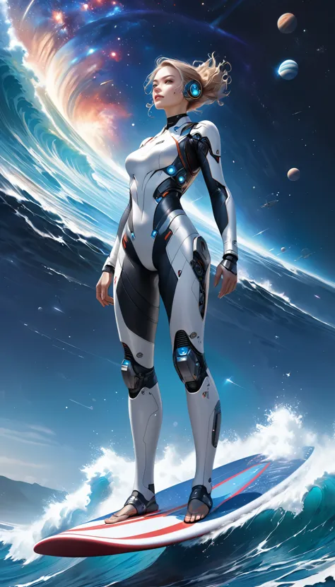 Attractive cyborg, Aesthetic space, Standing on a surfboard, A galaxy like the ocean, Surf, Riding the Galactic Waves, no gravity, Ultra-realism, super high quality, Realistic, Ultra-high resolution, Detailed and attractive faces, Ultra-high precision,