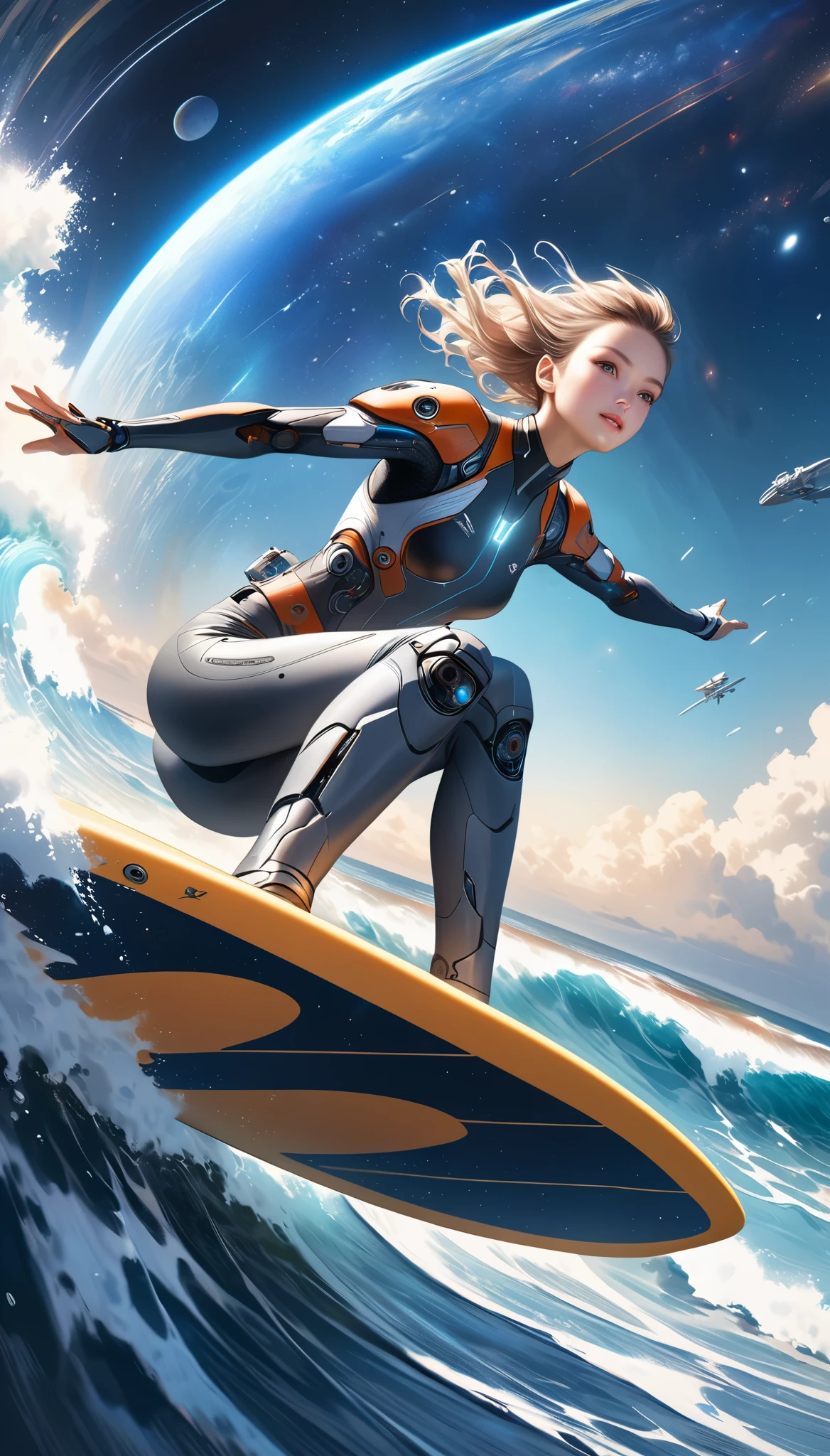 Attractive cyborg, Aesthetic space, Riding a surfboard, A galaxy like the ocean, Surf, Riding the Galactic Waves, no gravity, Ultra-realism, super high quality, Realistic, Ultra-high resolution, Detailed and attractive faces, Ultra-high precision,