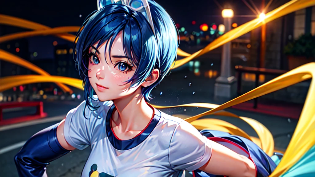 (at night), in a video game scene, a background of a beautiful city during the day raining, standing at attention, semi-short blue hair, blouse with an anime frog face, white flared pants, wearing blue fingerless exercise gloves, has round goggles on her head, huge belt with a round eyeglass, ((blue hair)), 1 girl, alone, 20 years old, young woman, perfect hands, beautiful fingers, beautiful long legs, beautiful body, beautiful nose, beautiful design of characters, perfect face, looking at the viewer with serious gesture (focusing on his face), closed mouth, Light_Smile, official art, extremely detailed CG unity 8k wallpaper, perfect lighting, bright and colorful front lighting, glowing skin (masterpiece : 1.0), (best_quality: 1.0), ultra high resolution, 4K, ultra detailed photography, 8K, HDR, high resolution, nonsense:1.2, Kodak portra 400, film grain, background blur, bokeh:1.2, lens flare, (vibrant_color:1.2), professional photography, (beautiful_face: 1.5), (narrow waist),
