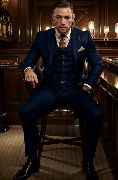 conor mcgregor wears a navy british suit and sits on a luxury chair in a stylish antique bar、drinking whiskey