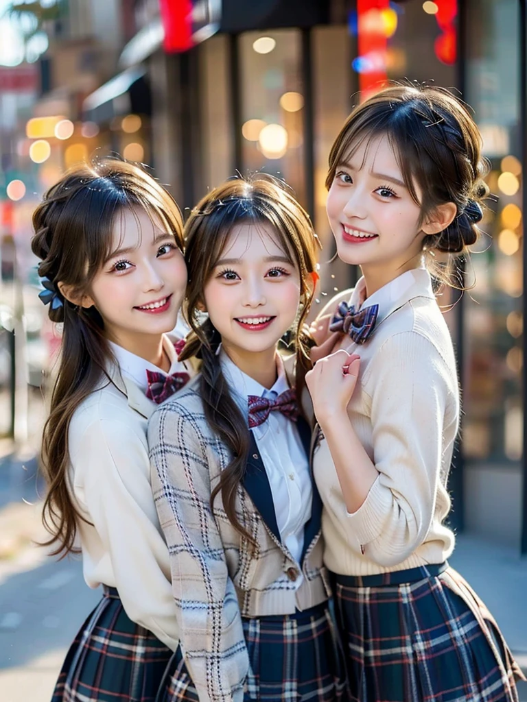 Three Beauties,3 girls, French Braid, Checked Skirt, a bow tie, winter blazer uniform, smile, big laugh