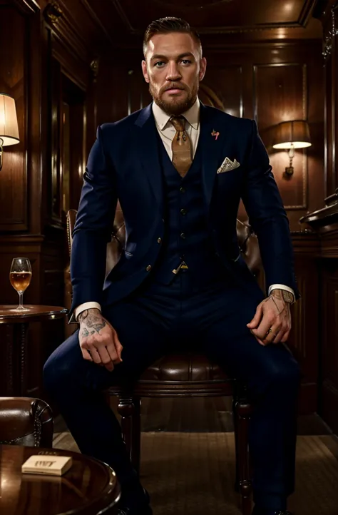 conor mcgregor is drinking whiskey and wearing a navy british suit while sitting on a luxurious chair in a stylish antique bar.