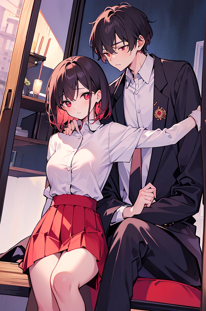 High quality　masterpiece　male and female couple　Girl sitting on a chair，Wearing a tight skirt，Covered with shirt。The boy hugs from behind。Wearing high school trousers uniform、Boy with short hair。Not wearing glasses、revenge, Hot Kids, Sexy babes, Good breasts, Hot boy with red eyes,nsfw,