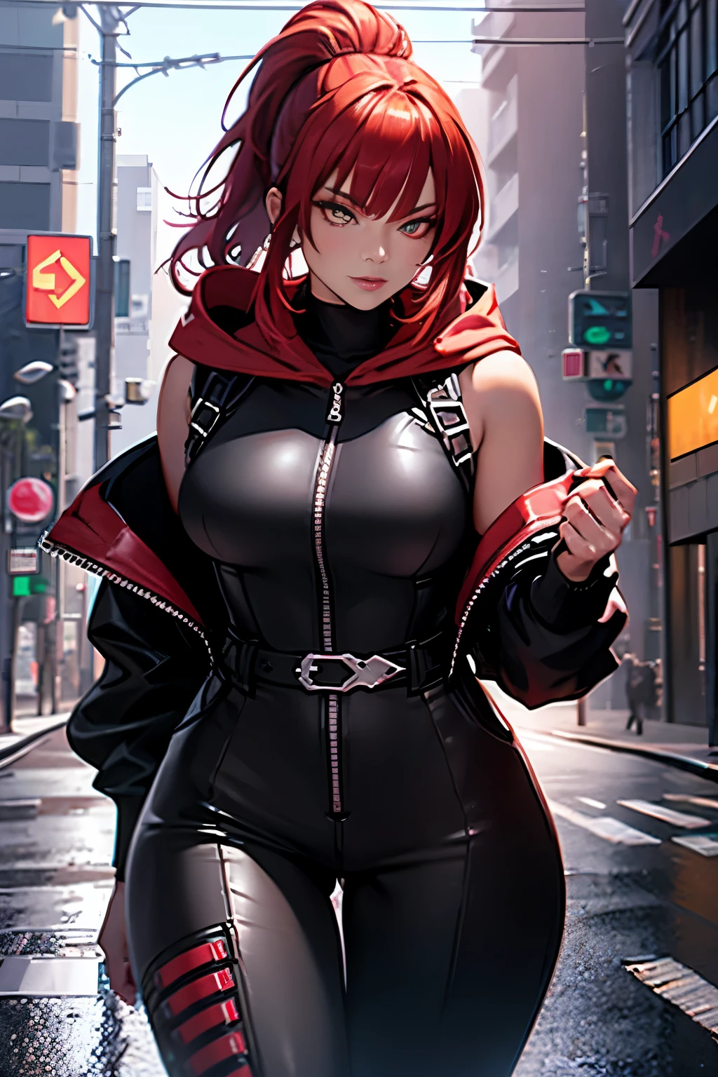 A stunning image of a red-haired woman, ponytail hair, your super detailed glowing eyes, full lips painted red, sculpted physique and wide hips. She wears a closed black leather jumpsuit, whose shiny surface accentuates its shape. A hooded sweatshirt with a neon pink interior covers your shoulders.. Walking down a busy street, She attracts curious glances. This image exudes realism, capturing the essence of a fragile and embarrassed figure. digitl art, high definition and photorealistic technique