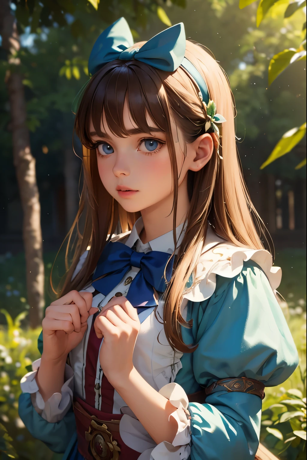 1girl, masterpiece, best quality, 8k, detailed skin texture, detailed cloth texture, beautiful detailed face, intricate details, ultra detailed, Alice in Wonderland, (a bow on her head:1.1), upper body