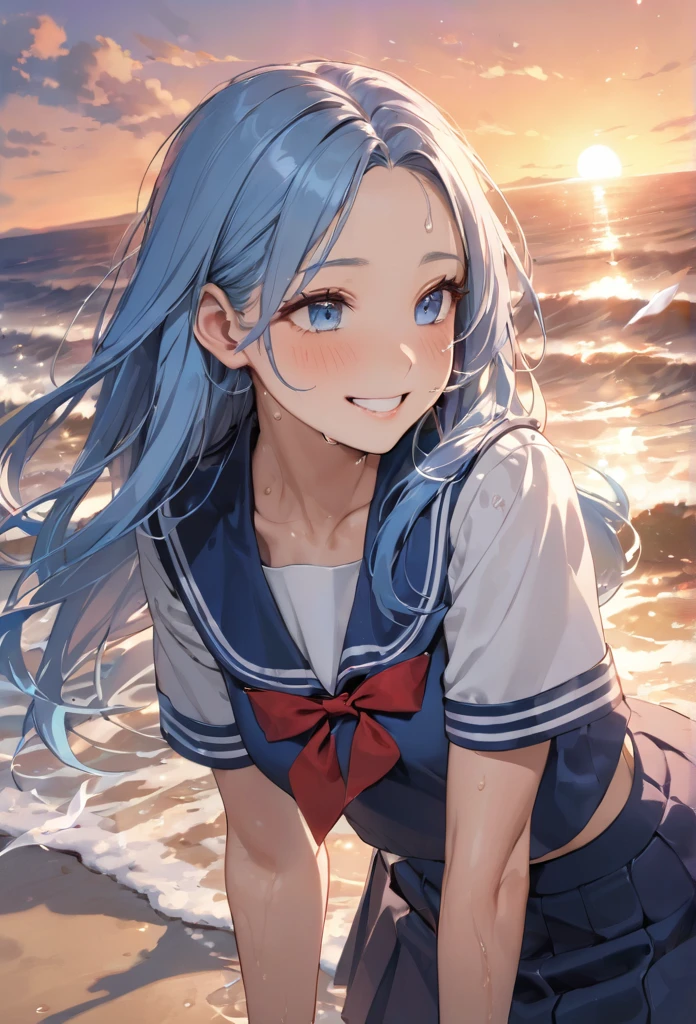 (Cool down style) (Blowing air with own hands to own), (solo:2, 15 yo forehead blue hair, long hair cute girl, lovely blue eyes, sweaty skin, glossy mouth, grin smile), in a summer school sailor suit, skirt, red ribbon, break, in the Nagahama at sunset, background beautiful Evening sea, BREAK, perfect anatomy, masterpiece, best quality, 16k, beautiful detailed evening, daydreaming expression.