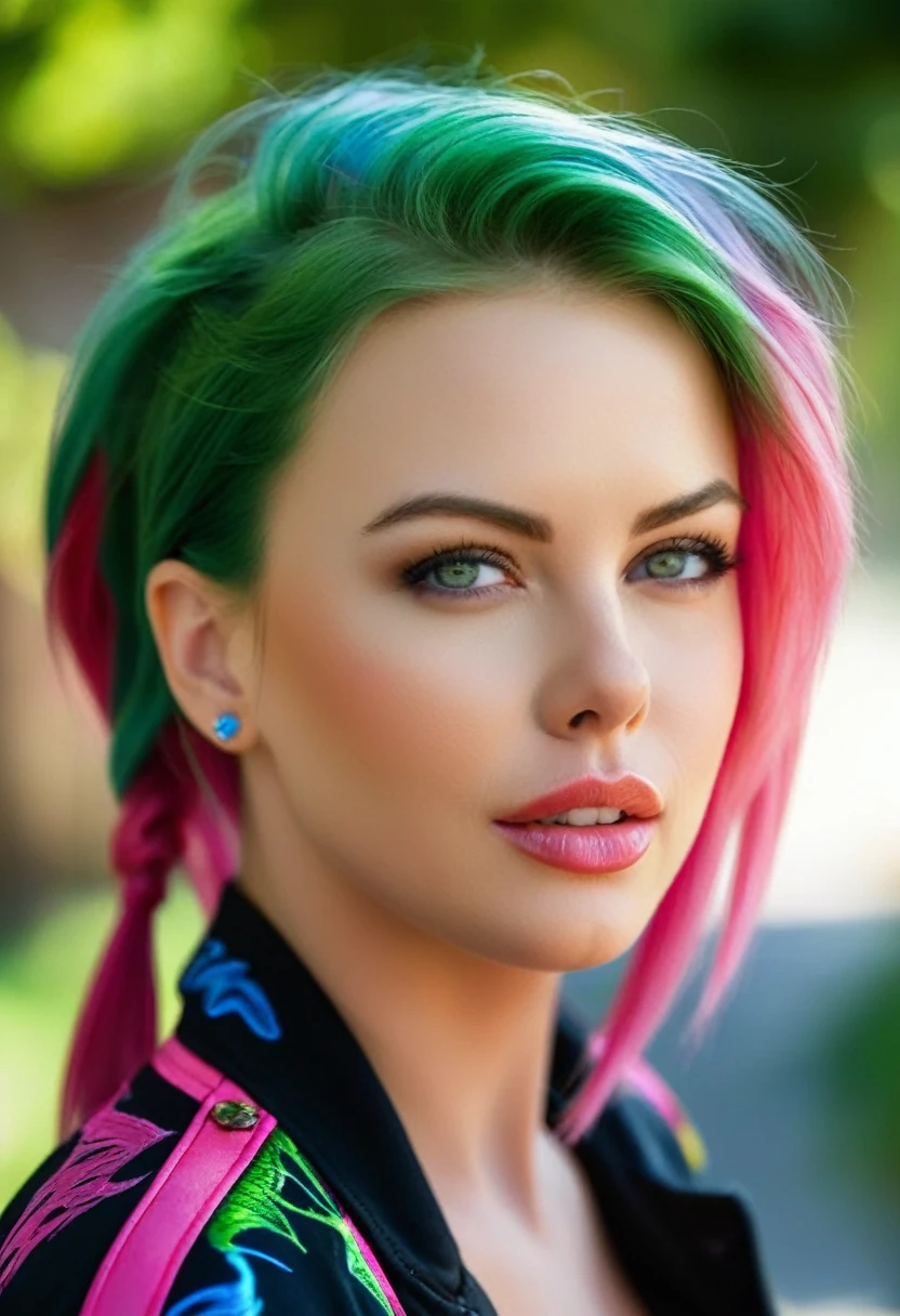 1 girl, bare shoulders, Beautifull, by rubio, blue eyes, blurred, blurred background, Closed mouth, dappled sunlight, penteeth, face tattoo, parts, green eyes, jacket, jewelry, Lips, by the wide, looking at the viewer, parted Lips, pink hair, Horse tail, portrait, realist, shirt, short sleeves, Alone, teeth, charlize theron face