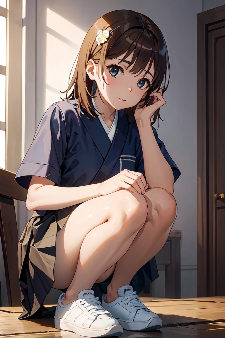 (Browsing Caution:0.99)、beautiful girl, (Roll up your skirt), Looking into the camera, Angle from below, Short skirt, Squat, A shy smile, Japanese , Beautiful Skin, ((Highest quality, 16K, Tabletop: 1.3)), 1 girl, The light shines on your face, Highly detailed face, Highly detailed lips, Beautiful Eyes、Realistic Skin、Cute design panties、shaving、Mr.々Hair style、Different color uniforms、Natural clothes、Vans Sneakers、bite、Detailed panties