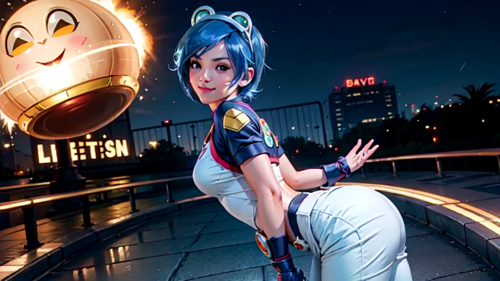 (at night), in a video game scene, a background of a beautiful city during the day raining, standing at attention, semi-short blue hair, blouse with an anime frog face, white flared pants, wearing blue fingerless exercise gloves, has round goggles on her head, huge belt with a round eyeglass, ((blue hair)), 1 girl, alone, 20 years old, young woman, perfect hands, beautiful fingers, beautiful long legs, beautiful body, beautiful nose, beautiful design of characters, perfect face, looking at the viewer with serious gesture (focusing on his face), closed mouth, Light_Smile, official art, extremely detailed CG unity 8k wallpaper, perfect lighting, bright and colorful front lighting, glowing skin (masterpiece : 1.0), (best_quality: 1.0), ultra high resolution, 4K, ultra detailed photography, 8K, HDR, high resolution, nonsense:1.2, Kodak portra 400, film grain, background blur, bokeh:1.2, lens flare, (vibrant_color:1.2), professional photography, (beautiful_face: 1.5), (narrow waist),
