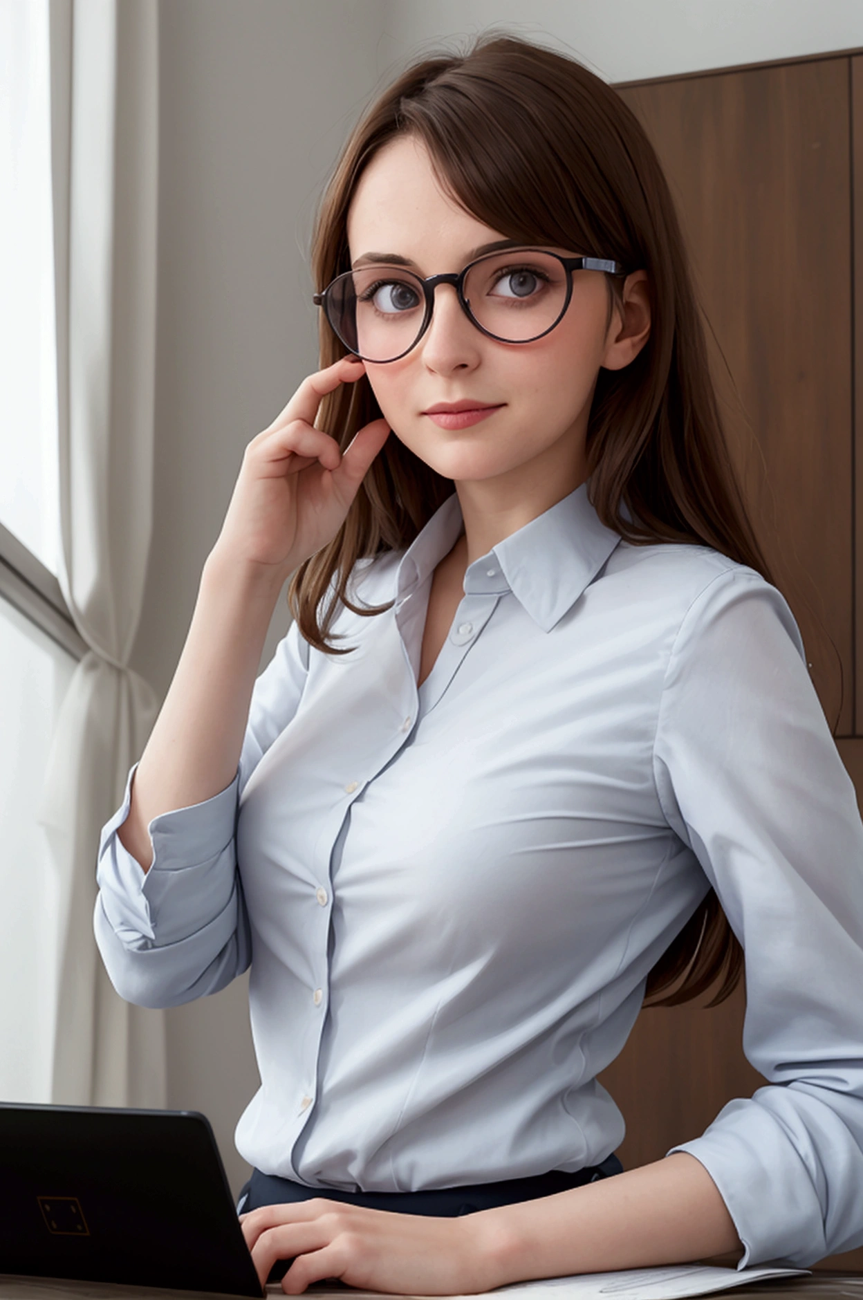 Lizz de la comptabilité,chemise ouverte et humides, lunettes de geek, très beau visage de brunette, corps généreux, haute qualité, haute résolution, chaud et en sueur, mouillé, Arrière-plan flou