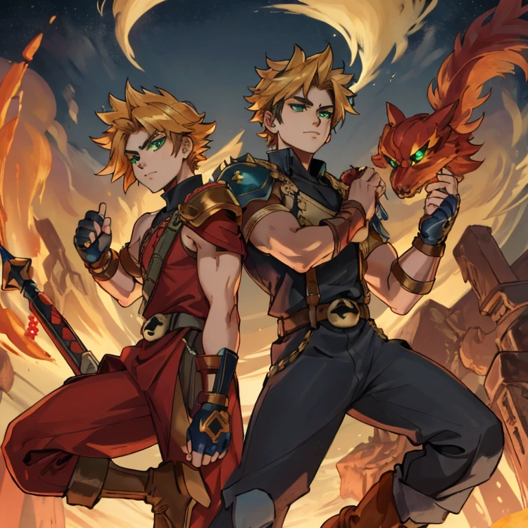 A wide angle full-length shot of Zepheus, Zepheus has a lean yet muscular warrior’s build, dirty blonde hair styled in a swept-back spiky manner partially covering one piercing blue-green eye, His fair olive skin tone contrasts with his hair, Defined facial features like jawline and cheekbones, His outfit features a combat dark blue-green tunic with gold embellishments and intricate patterns, Greek-style leather greaves and vambraces have steampunk-esque accents, Earth-toned fantasy boots are accented in bronze and copper, a metal wolf skull pauldron over one shoulder adds a touch of fantasy, Red colored trim details throughout the ensemble tie the look together and symbolize Zepheus’ connection to underworld deities and realms, his design reflects his unique heritage and conflicting loyalties, 4K, masterpiece, high details, 4K, cloud strife, shoulder armor, sleeveless turtleneck, suspenders, belt, baggy pants, gloves, bracer, boots, ZagreusHades, ootLink, hat, green tunic, belt, fingerless gloves, boots, weapon on back,