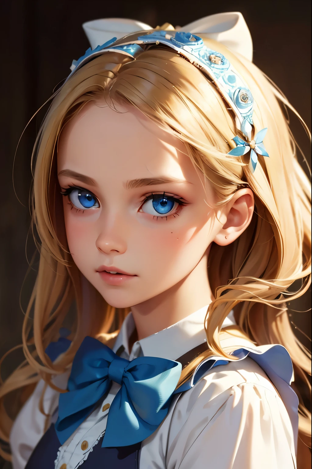 1girl, masterpiece, best quality, 8k, detailed skin texture, detailed cloth texture, beautiful detailed face, intricate details, ultra detailed, Alice in Wonderland, (a bow on her head:1.1), upper body, blonde hair, blue eyes