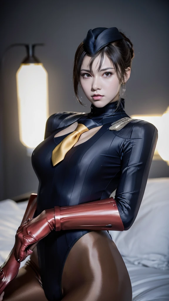 masterpiece, best quality, sfJuli, black eyes, brown hair, hat, yellow necktie, red gloves, navy ribbed bodysuit, large breasts,  emotionless, looking at viewer,  ((Wide-angle lens)),（japanese woman）,epic realistic,8K,masterpiece, highest quality, Very detailed, （ glossy skin,:1.2）,(Surrealism),8K,masterpiece, Highest quality, Very detailed,（real detail pantyhose:1.2）,slender body,Bodyline,（wearing riding boots）,（white Background:1.2）,
Super tight costume,bangs、
(Highest quality:1.3),
RAW Photos,,
High resolution, 
Perfect detail, 
Professional photography, 
Professional Lighting,
Powerful lighting for costumes,attractive whole body image、Cinema Lighting、Ray Tracing、Wear a tight-fitting bodysuit、Simple Background、35 year old female、Spandex Bodysuit、whole body、Spandex Costume,Clothes with a shiny texture,