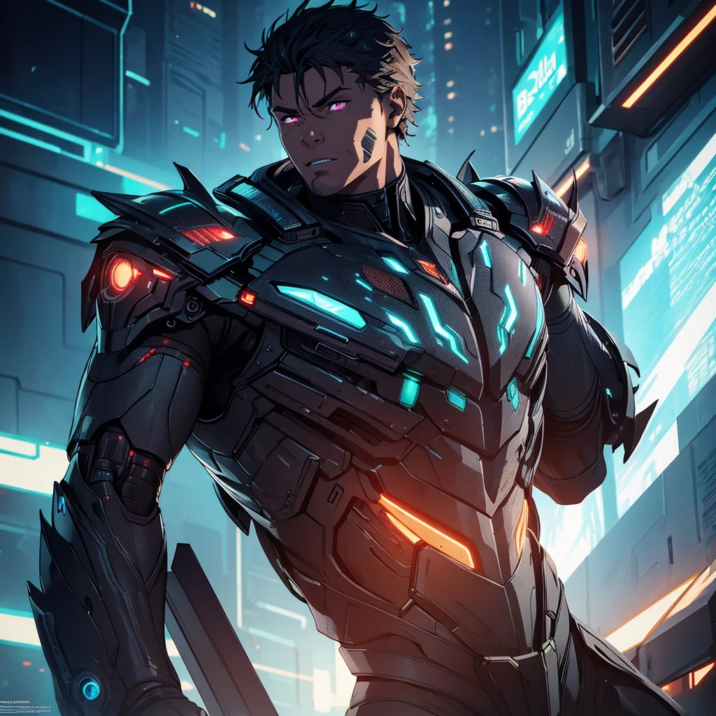 a muscular man in a futuristic sci-fi setting, detailed facial features, intricate cyborg armor, glowing neon lights, dramatic cinematic pose, hyper-detailed, 8k, photorealistic, dramatic lighting, vibrant colors, cinematic composition, concept art style