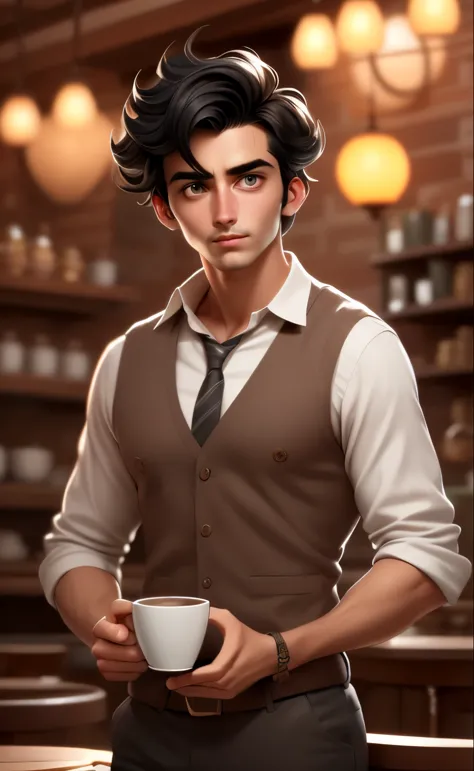 (front view) very detailed  photograph of a italian man, detailed coffee shop background, (with black hair), (dark eyes) (symmetric handsome face) nice and well defined nose, (well marked and angular jaw), proportioned and full lips, stunning realistic photography, realistic soft color, octane render, intricately detailed, sharp focus, stunning full color, shot on DSLR camera, 32k resolution, best quality, (focus on skin texture)