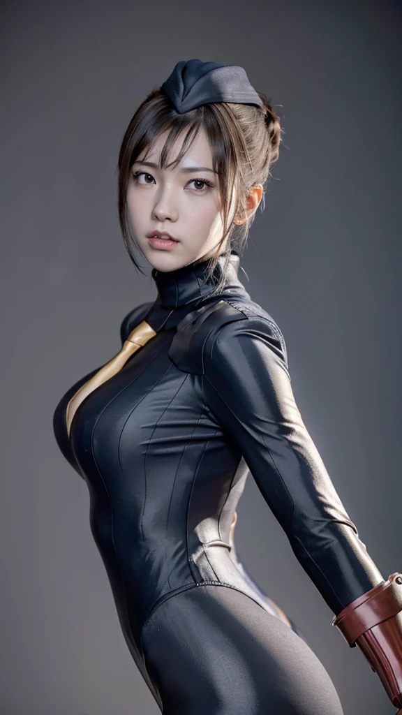 masterpiece, best quality, sfJuli, black eyes, brown hair, hat, yellow necktie, red gloves, navy ribbed bodysuit, large breasts,  emotionless, looking at viewer,  ((Wide-angle lens)),（japanese woman）,epic realistic,8K,masterpiece, highest quality, Very detailed, （ glossy skin,:1.2）,(Surrealism),8K,masterpiece, Highest quality, Very detailed,（real detail pantyhose:1.2）,slender body,Bodyline,（wearing riding boots）,（white Background:1.2）,
Super tight costume,bangs、
(Highest quality:1.3),
RAW Photos,,
High resolution, 
Perfect detail, 
Professional photography, 
Professional Lighting,
Powerful lighting for costumes,attractive whole body image、Cinema Lighting、Ray Tracing、Wear a tight-fitting bodysuit、Simple Background、20 year old female、Spandex Bodysuit、whole body、Spandex Costume,Clothes with a shiny texture,