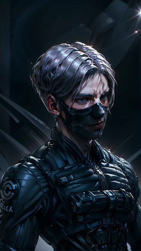 {best quality, 8k, masterpiece}, (realistic), [[male]], [[white hair]], ((middle part haircut)), (earrings), (mask)