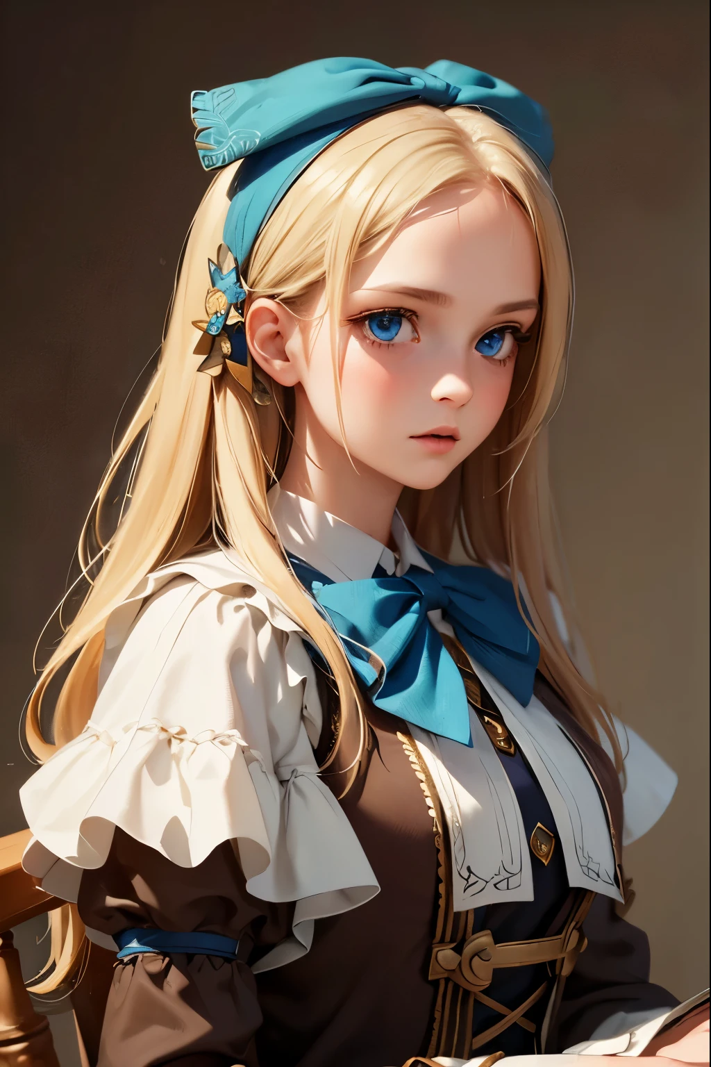 1girl, masterpiece, best quality, 8k, detailed skin texture, detailed cloth texture, beautiful detailed face, intricate details, ultra detailed, Alice in Wonderland, (a bow on her head:1.1), upper body, blonde hair, blue eyes, full body