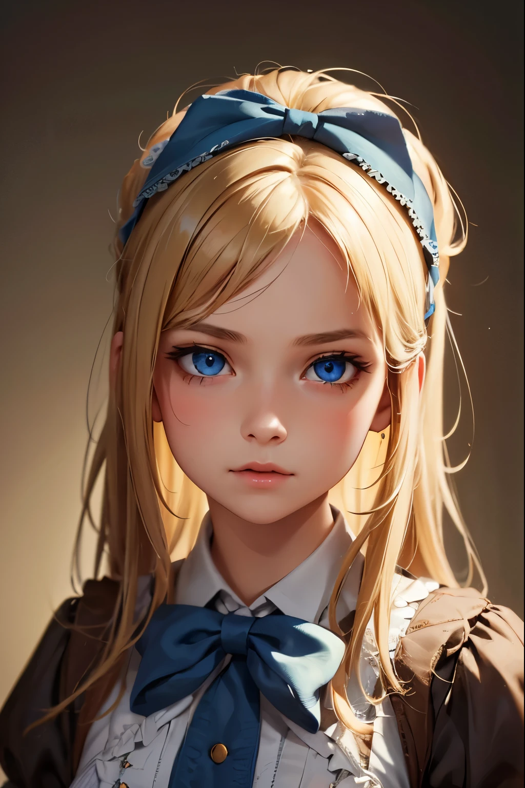 1girl, masterpiece, best quality, 8k, detailed skin texture, detailed cloth texture, beautiful detailed face, intricate details, ultra detailed, Alice in Wonderland, (a bow on her head:1.1), upper body, blonde hair, blue eyes, full body