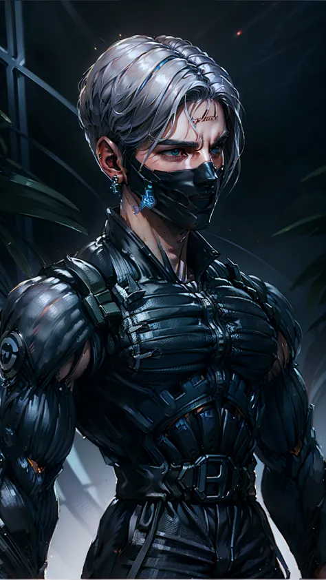 {best quality, 8k, masterpiece}, (realistic), [[male]], [[white hair]], ((middle part haircut)), (earrings), (mask)